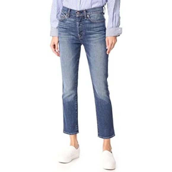 7 For All Mankind Edie Medium Wash Faded Straight Leg Crop Jeans Size 28 - Picture 1 of 9
